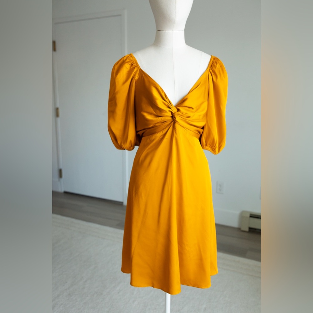 EXPRESS Satin V-Neck Puff Sleeve Twist Front Mini Fit and Flare Dress Golden - Picture 2 of 16